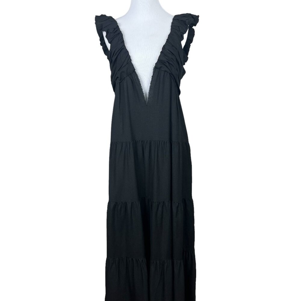 Jason Wu Maxi Dress Womens Large Black Tiered Linen Blend Pleated A-Line L FLAW
